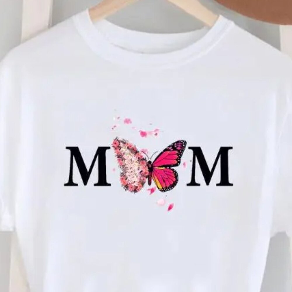 MOM Pink Butterfly Printed Round Neck Short-Sleeved T-Shirt Size L